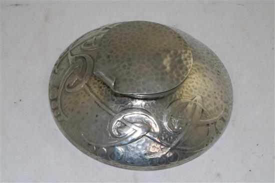 A Solkets English pewter inkwell, by Liberty & Co., in the manner of Archibald Knox, 5in.